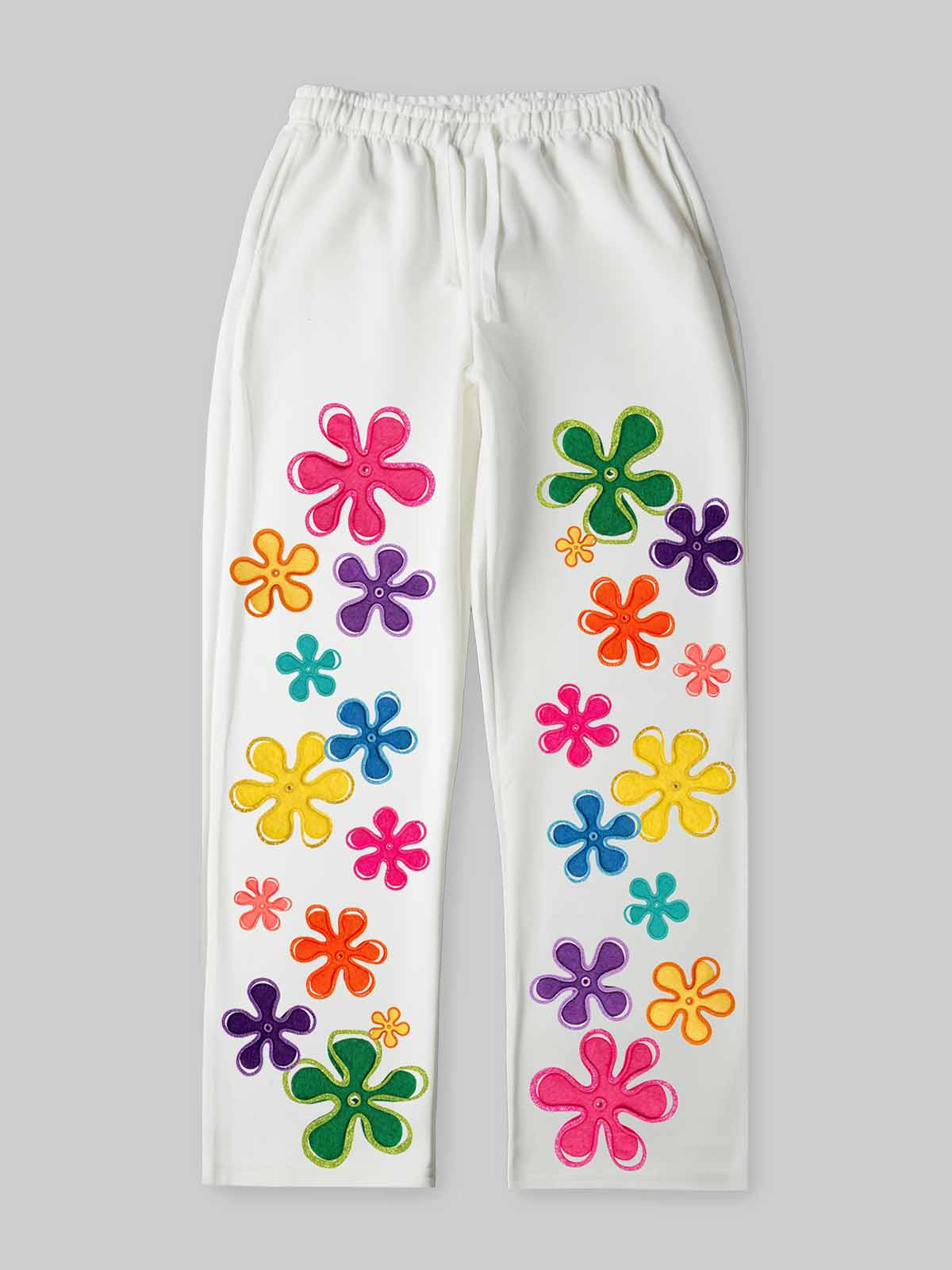 NOISSEY Colorful Floral Graffiti Heavyweight Drawstring Casual Pants - White Streetwear Sweatpants