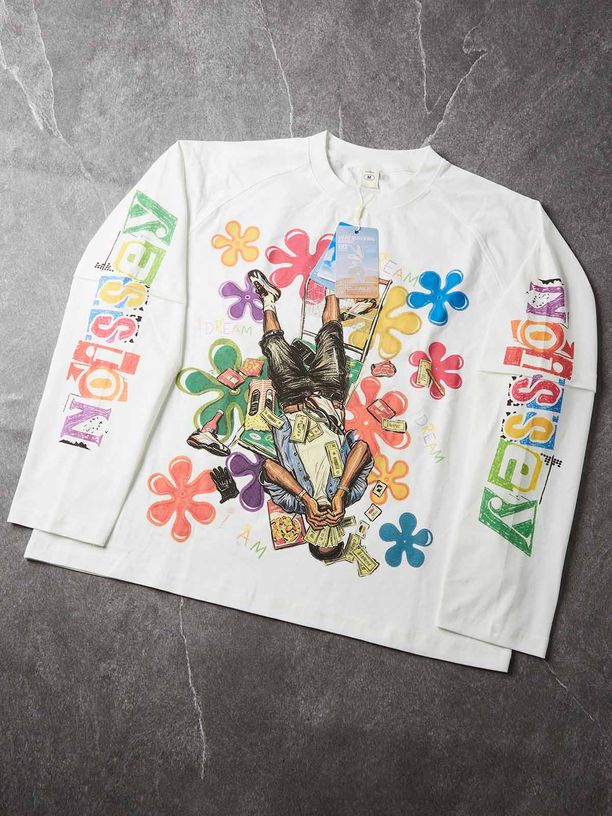 NOISSEY IDREAM Graffiti Dreamer Fake-Two-Piece Heavyweight Long Sleeve Tee - White Streetwear Long Sleeves