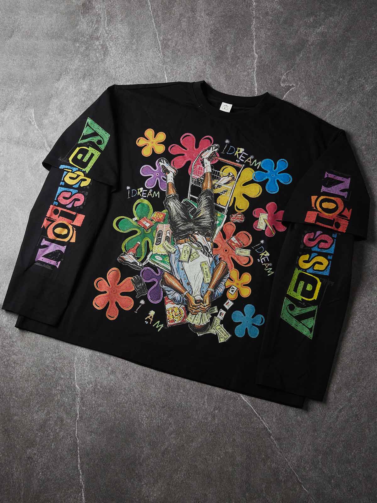 NOISSEY IDREAM Portrait & Floral Graffiti Heavyweight Fake Two-Piece Long Sleeve Tee - Black Streetwear  Long Sleeves