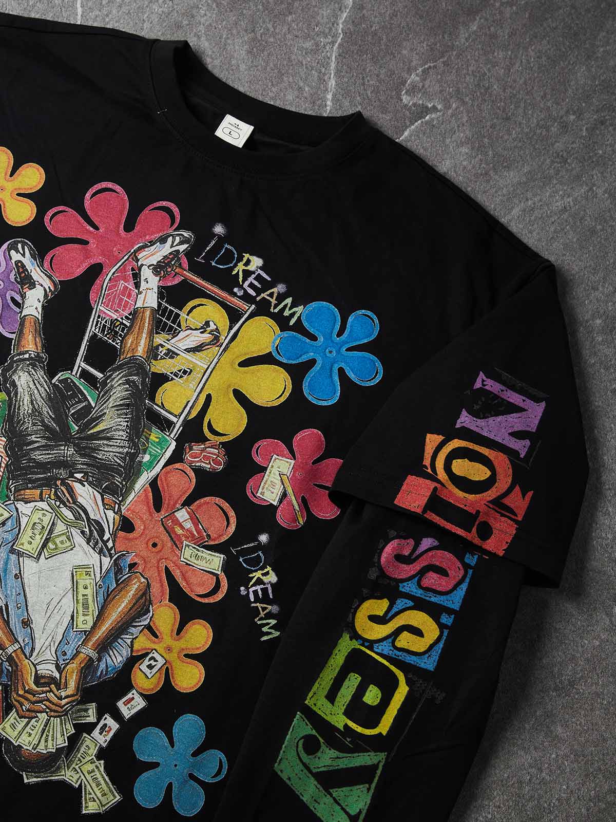 NOISSEY IDREAM Portrait & Floral Graffiti Heavyweight Fake Two-Piece Long Sleeve Tee - Black Streetwear  Long Sleeves