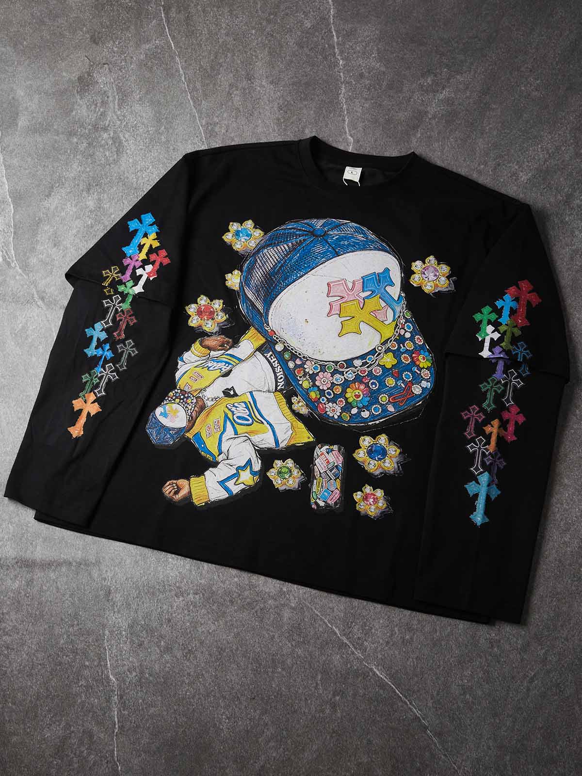 NOISSEY Hip-Hop Trucker Hat Graphic Heavyweight Faux Two-Piece Crewneck Long Sleeves Black