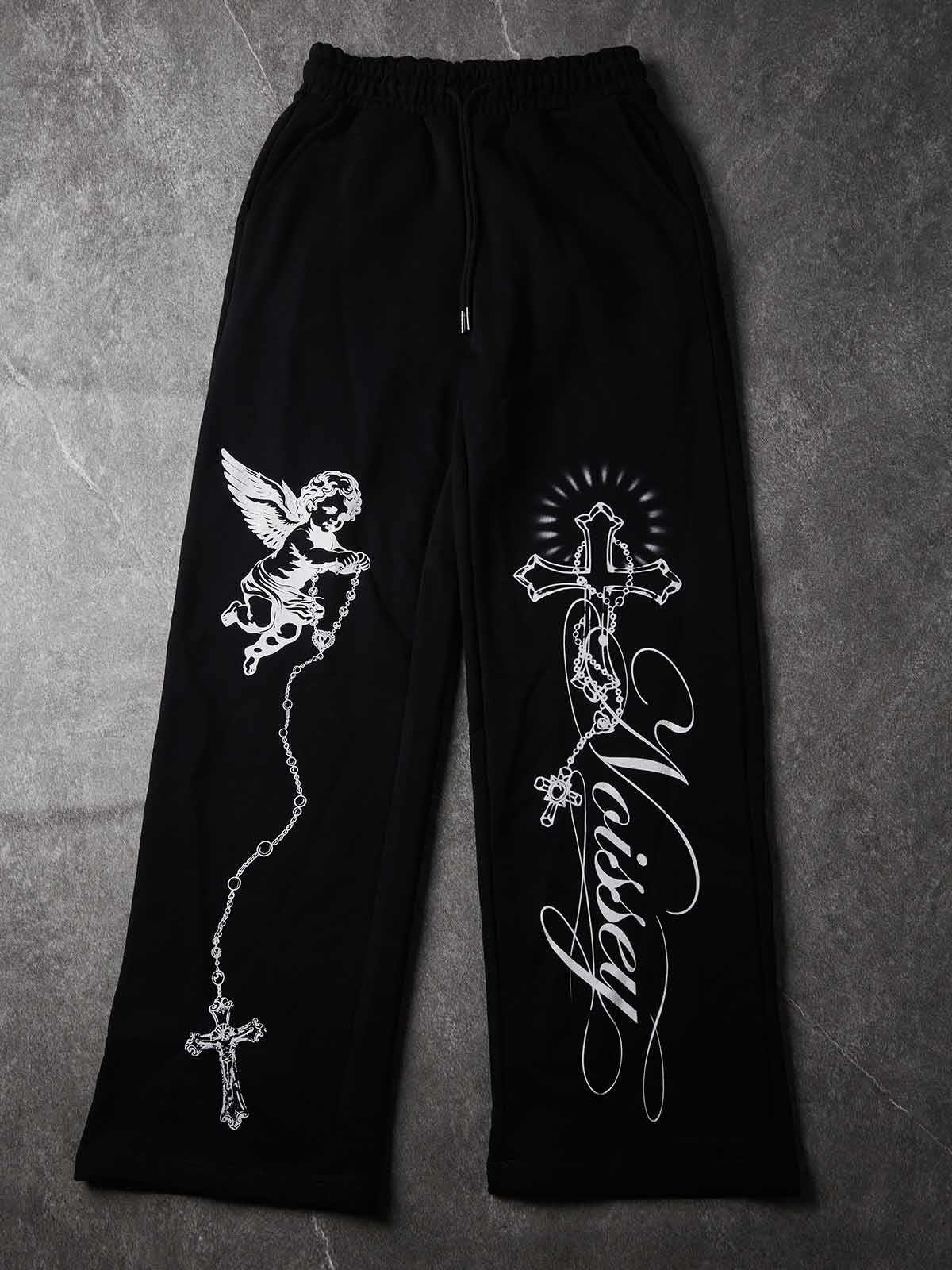NOISSEY Angel &amp; Cross Religious Graphic Heavyweight Drawstring Casual Pants