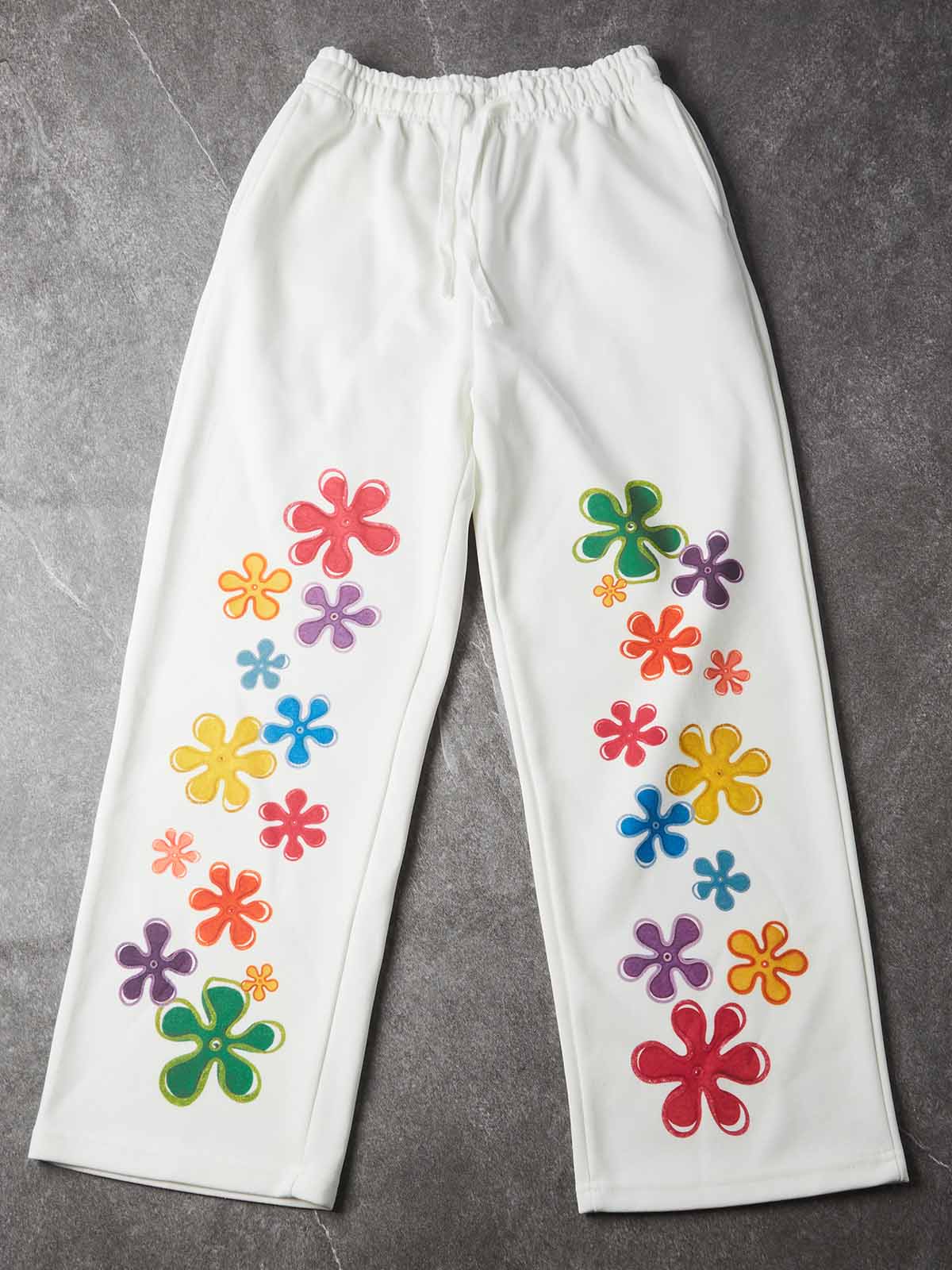 NOISSEY Colorful Floral Graffiti Heavyweight Drawstring Casual Pants - White Streetwear Sweatpants