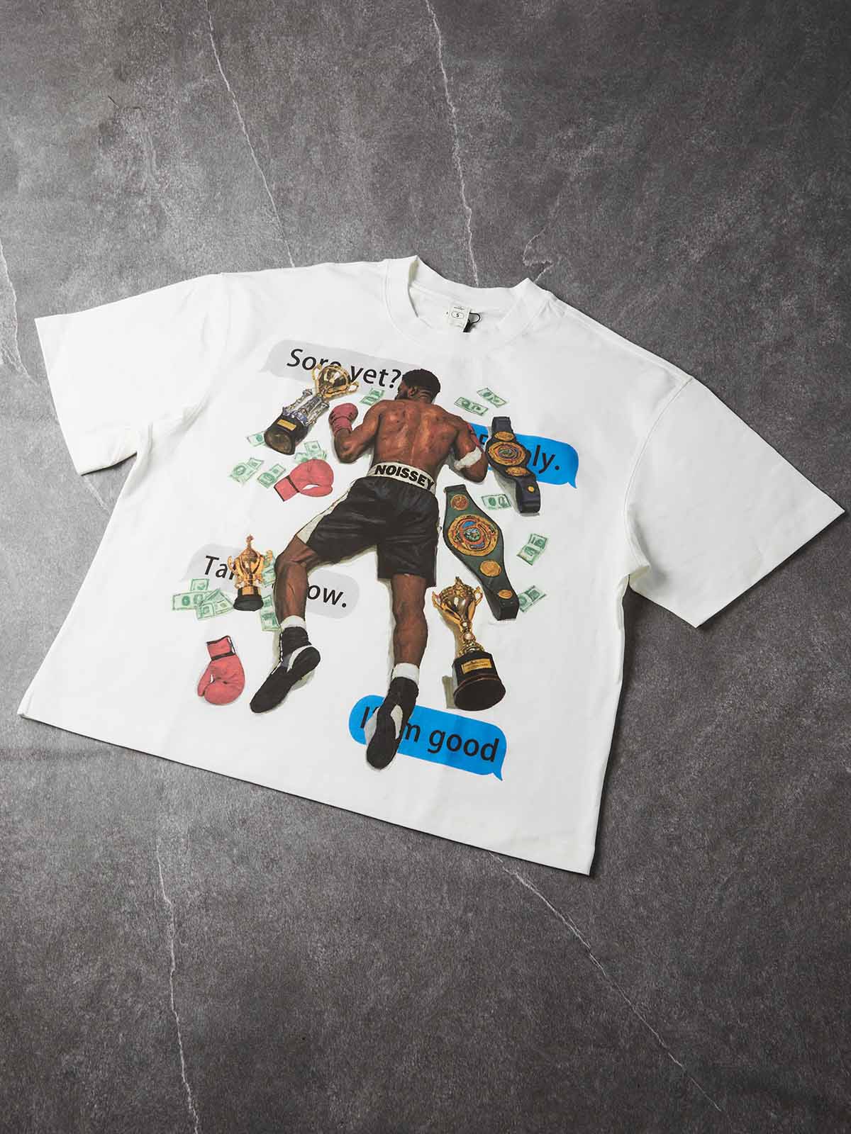 NOISSEY Oil Painting Boxing Champion Boxy Graphic Tee - White Y2K Streetwear Shirt