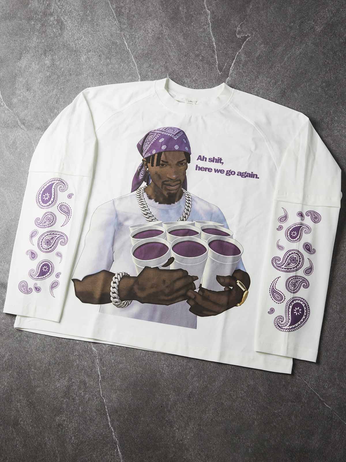 NOISSEY Gaming Character Purple Paisley Fake-Two-Piece Heavyweight Long Sleeves  White