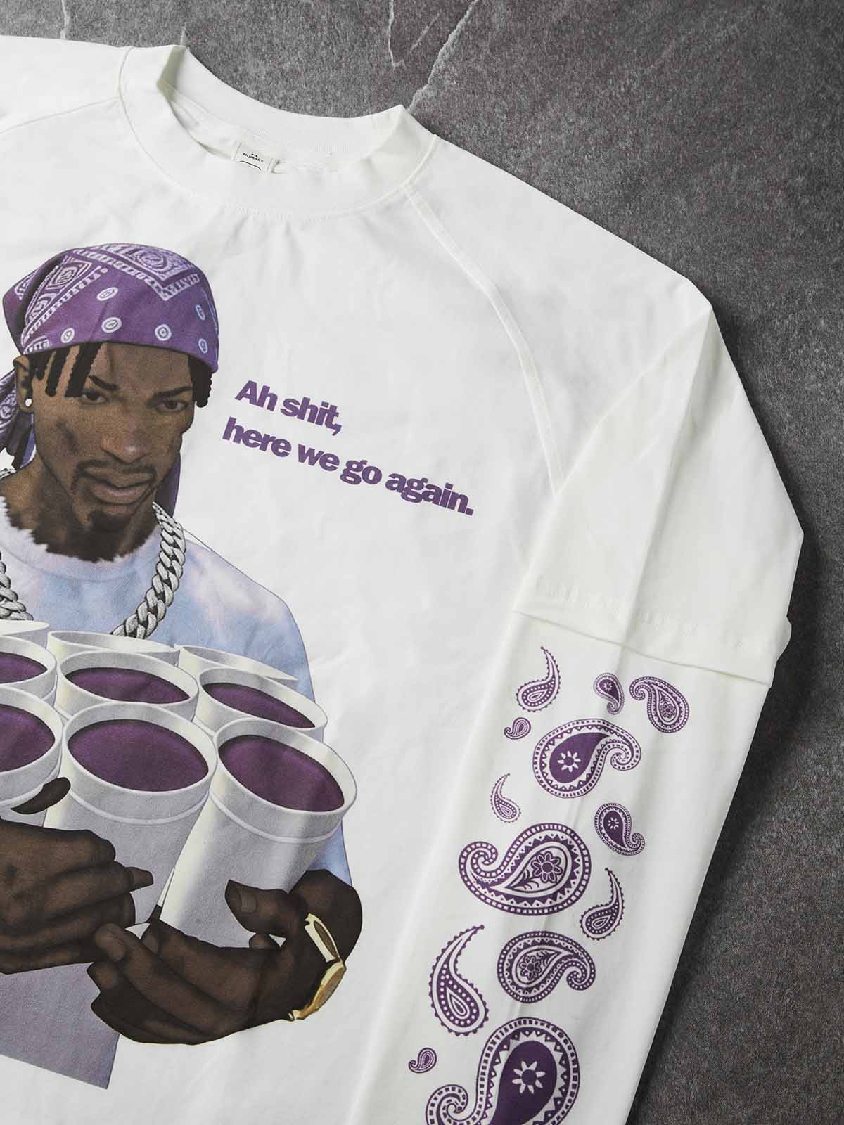 NOISSEY Gaming Character Purple Paisley Fake-Two-Piece Heavyweight Long Sleeves  White