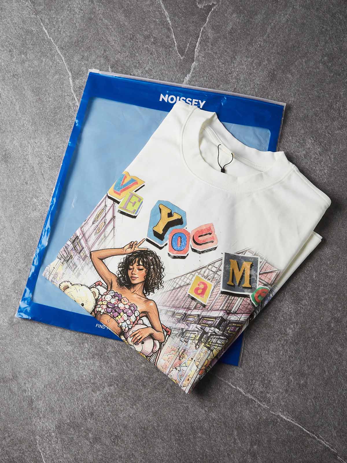 NOISSEY Crayon Graffiti Shopping Cart Girl Crewneck Sweatshirt - White Streetwear