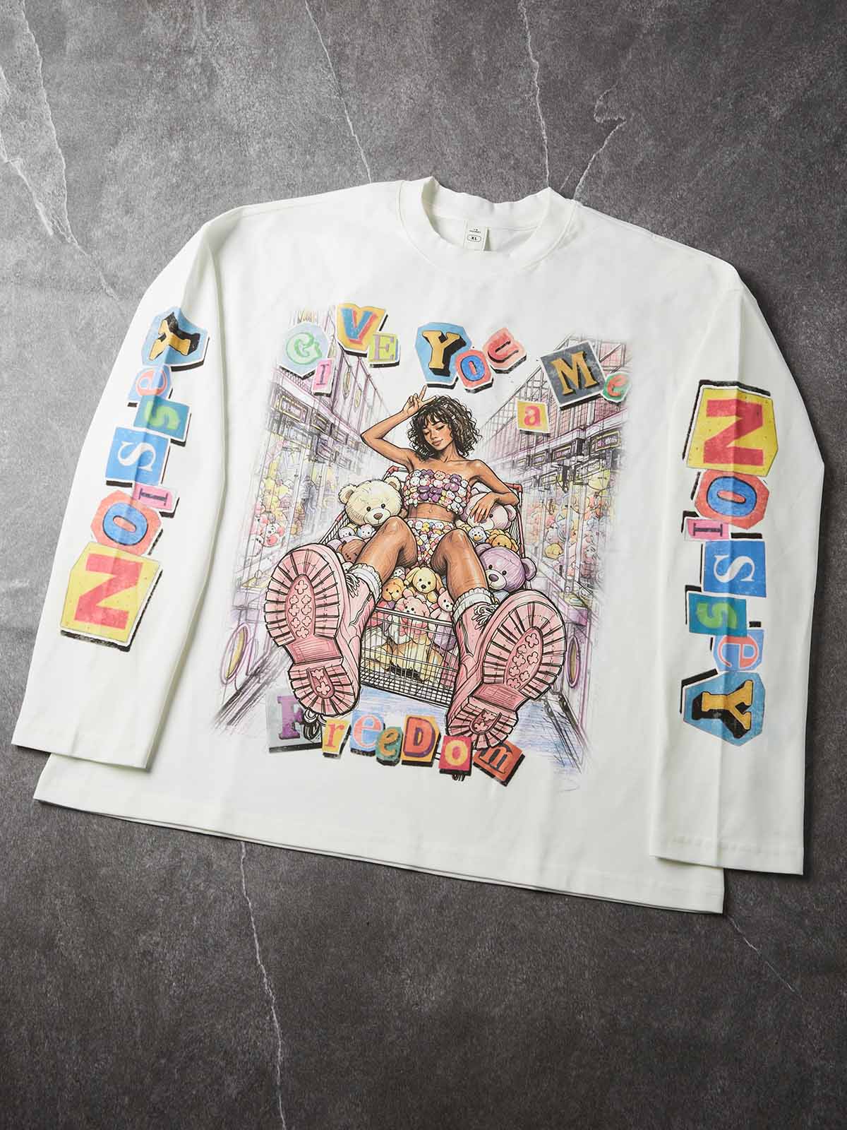 NOISSEY Crayon Graffiti Shopping Cart Girl Crewneck Sweatshirt - White Streetwear