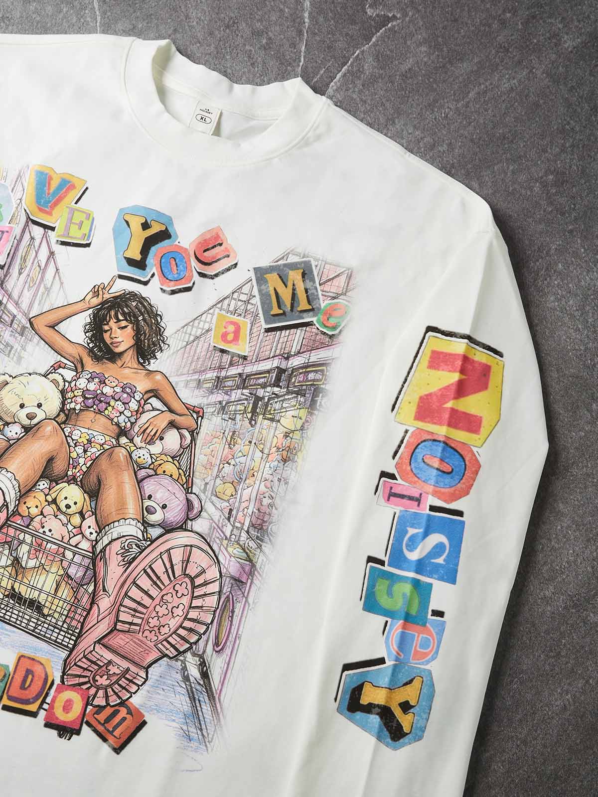 NOISSEY Crayon Graffiti Shopping Cart Girl Crewneck Sweatshirt - White Streetwear