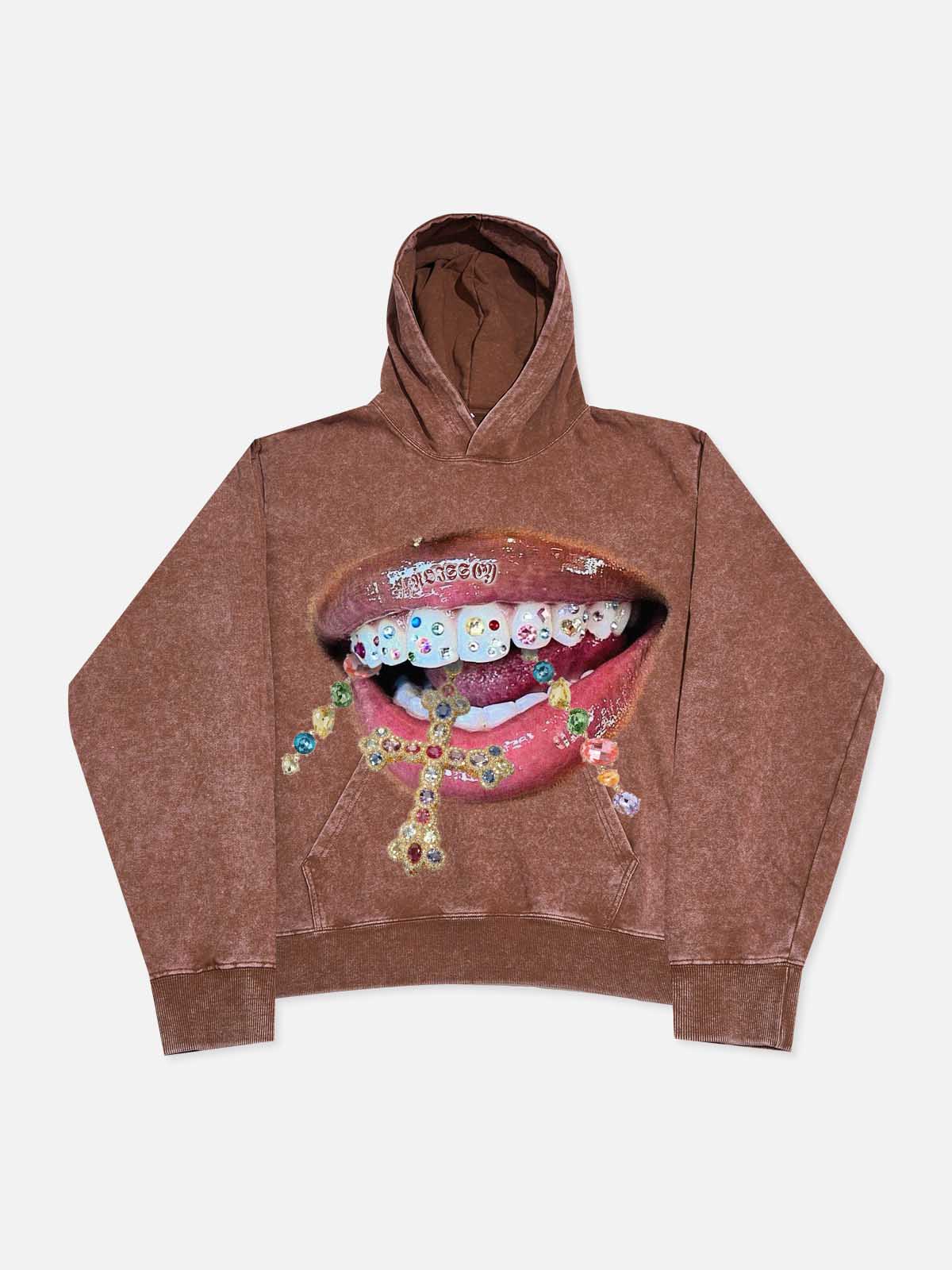 Diamond Teeth Cross Print 350g Washed Hoodie