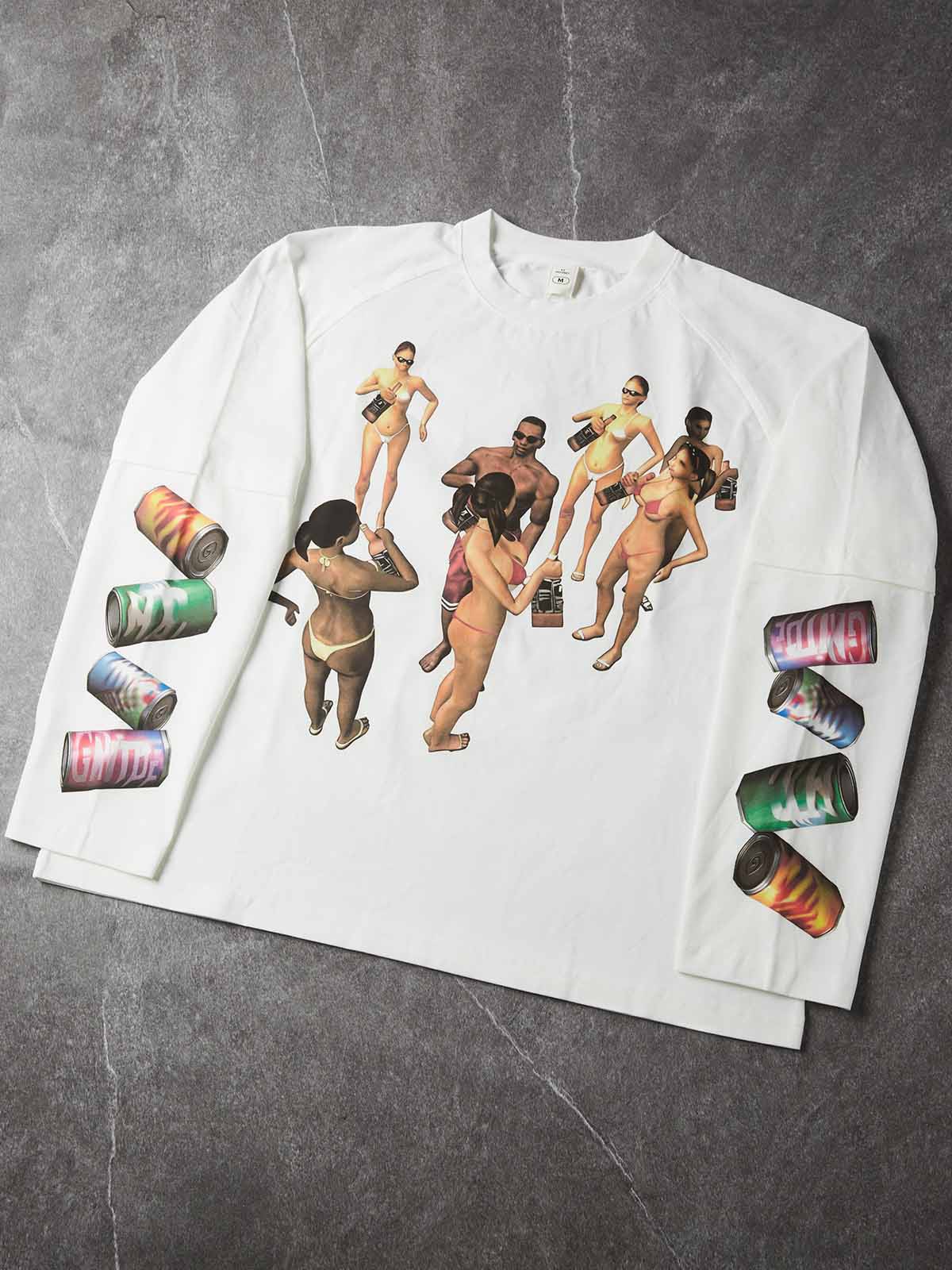 NOISSEY Pool Party Retro Gaming Fake-Two-Piece Heavyweight Long Sleeve Tee - White