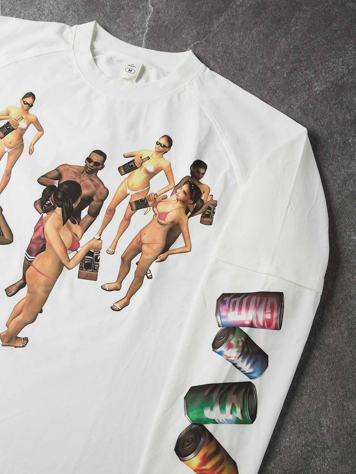 NOISSEY Pool Party Retro Gaming Fake-Two-Piece Heavyweight Long Sleeve Tee - White