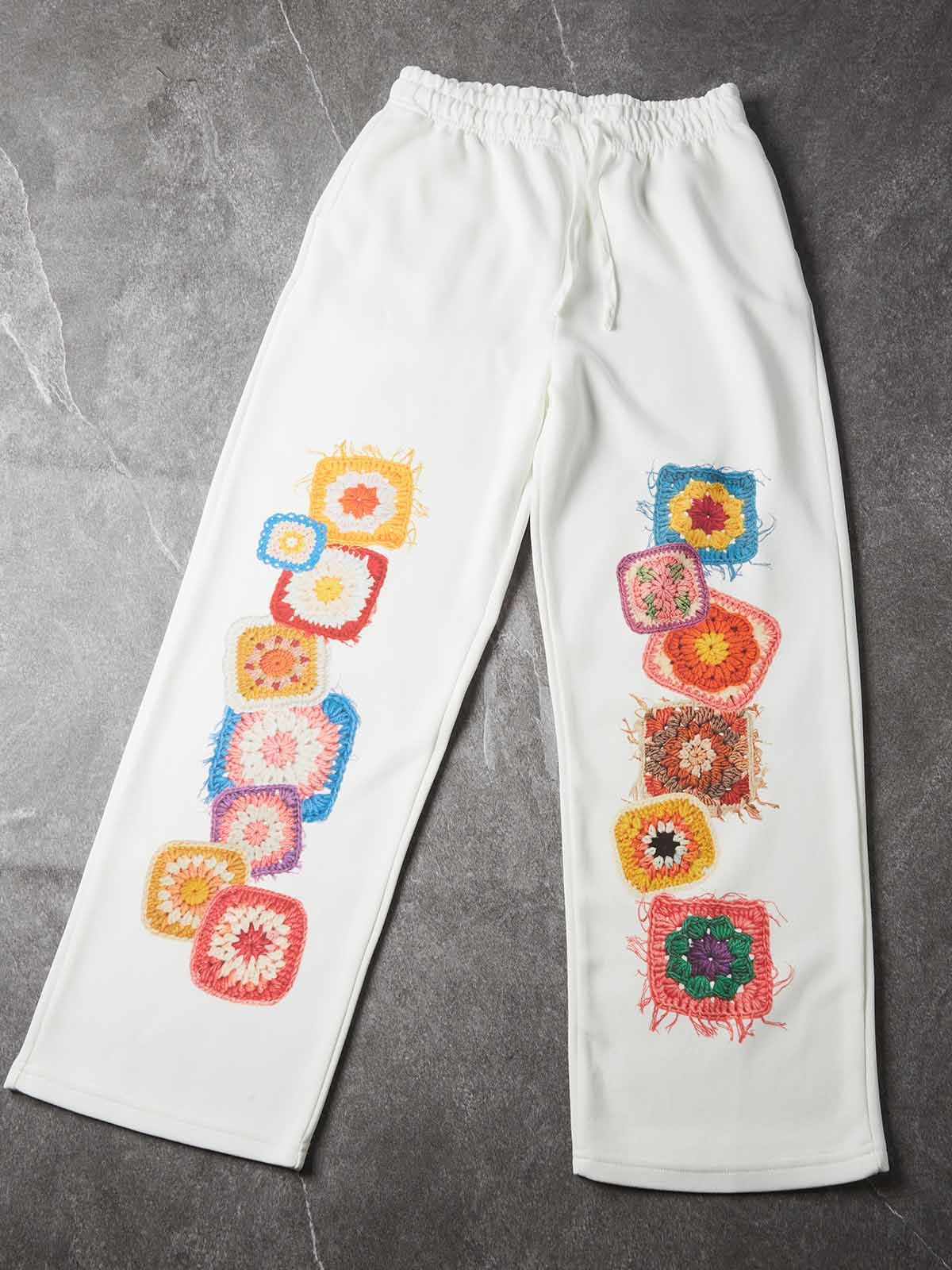 NOISSEY Granny Square Crochet Print Heavyweight Sweatpants - White Streetwear Pants