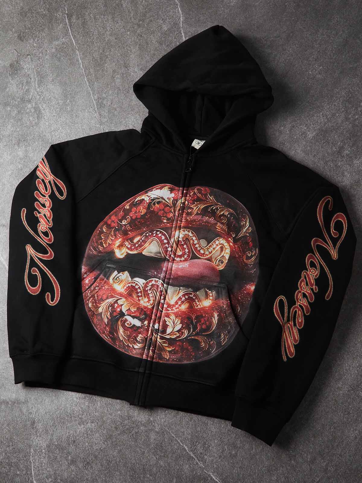 NOISSEY Baroque Diamond Lips Heavyweight Full-Zip Hoodie Black