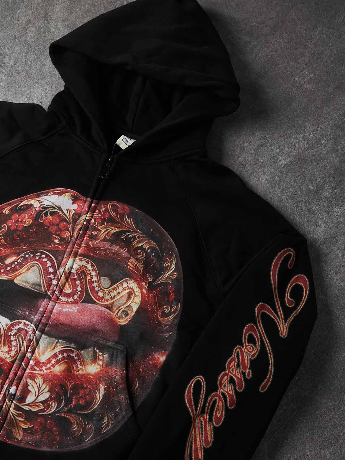 NOISSEY Baroque Diamond Lips Heavyweight Full-Zip Hoodie Black