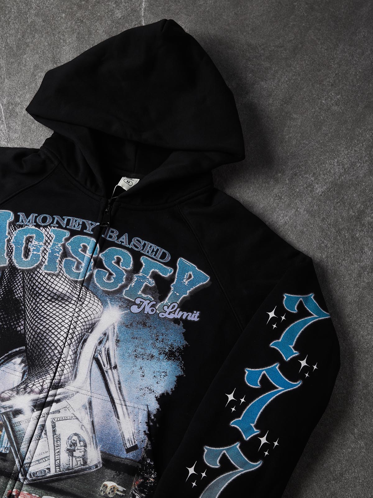 NOISSEY Casino Money High Heel Graphic Heavyweight Zip-Up Hoodie - Black Streetwear Sweatshirt