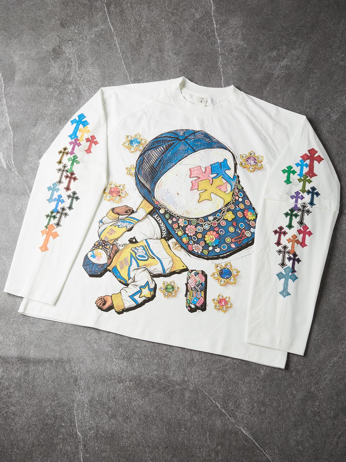NOISSEY Hip-Hop Trucker Hat Graphic Heavyweight Faux Two-Piece Crewneck Long Sleeves