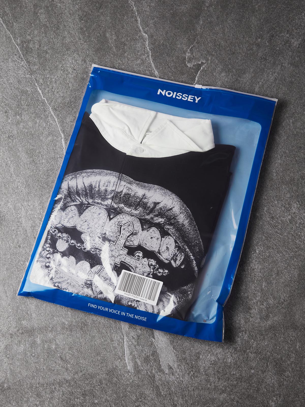 NOISSEY Silver Metallic Lips & Chrome Cross Graphic Heavyweight Contrast Collar Polo Long Sleeves
