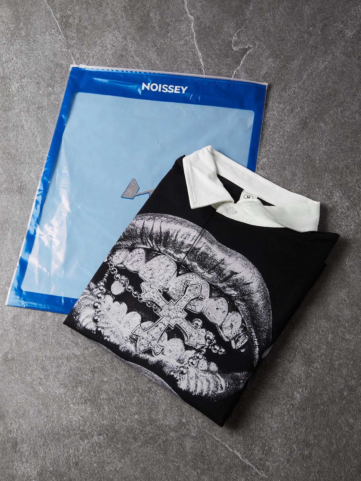 NOISSEY Silver Metallic Lips & Chrome Cross Graphic Heavyweight Contrast Collar Polo Long Sleeves