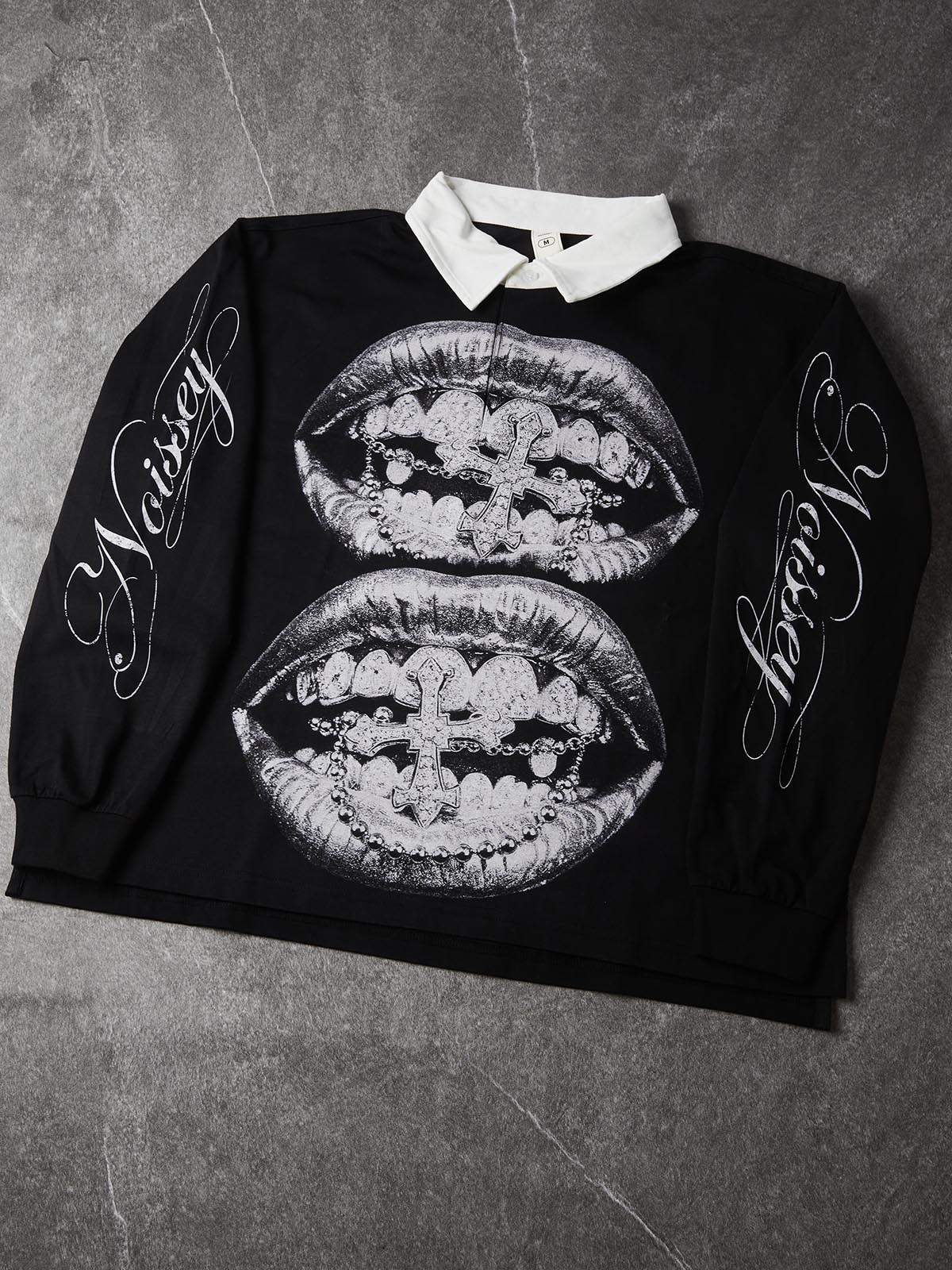 NOISSEY Silver Metallic Lips & Chrome Cross Graphic Heavyweight Contrast Collar Polo Long Sleeves