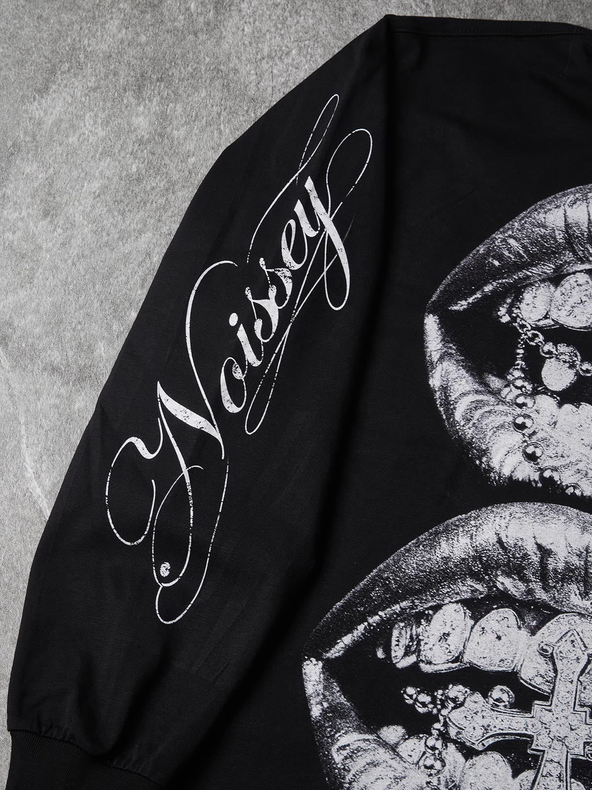 NOISSEY Silver Metallic Lips & Chrome Cross Graphic Heavyweight Contrast Collar Polo Long Sleeves