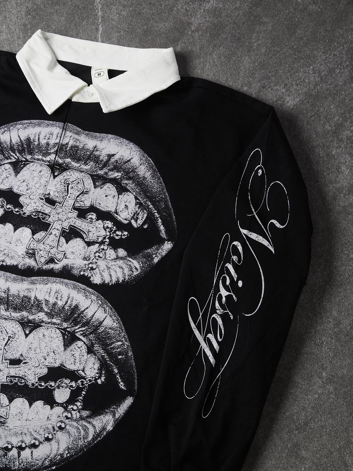 NOISSEY Silver Metallic Lips & Chrome Cross Graphic Heavyweight Contrast Collar Polo Long Sleeves