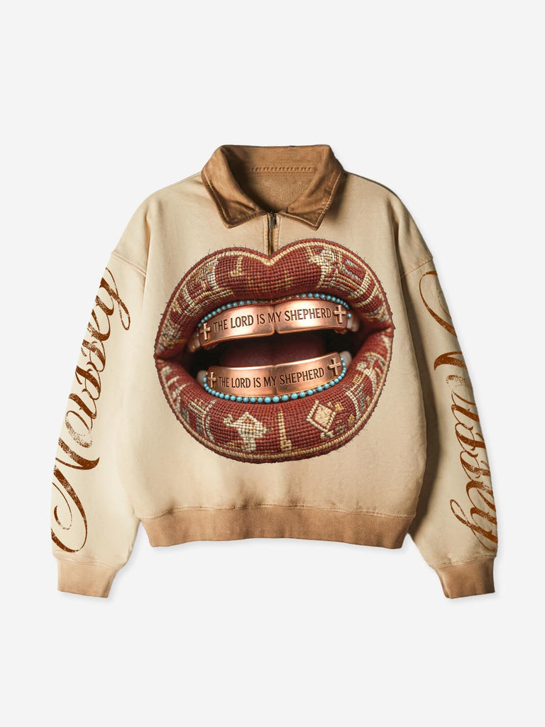 NOISSEY Lips Religion Khaki Half-Zip LS Polo