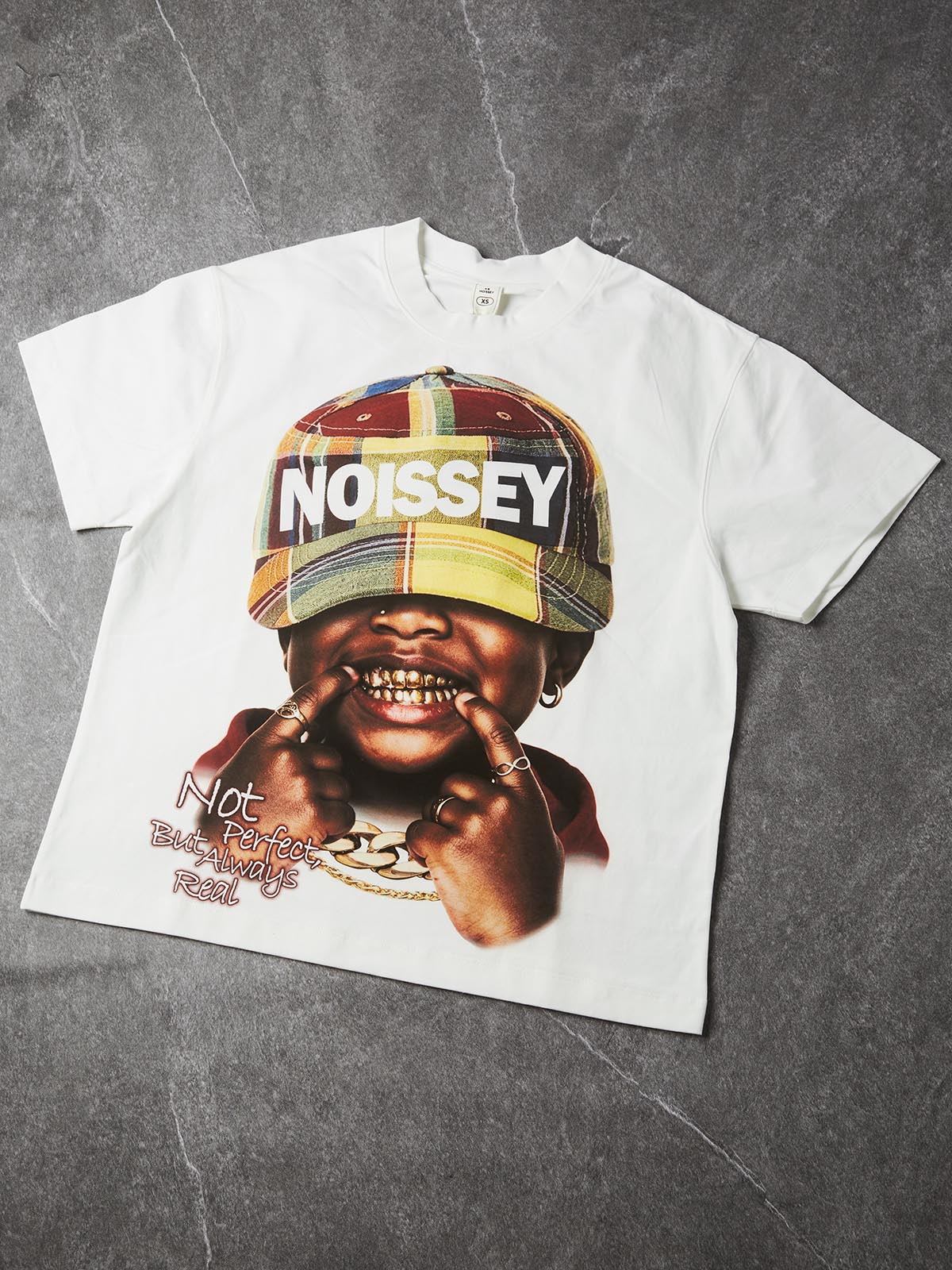 NOISSEY Always Real Plaid Cap Kid Graphic Boxy Tee - Streetwear T-Shirt