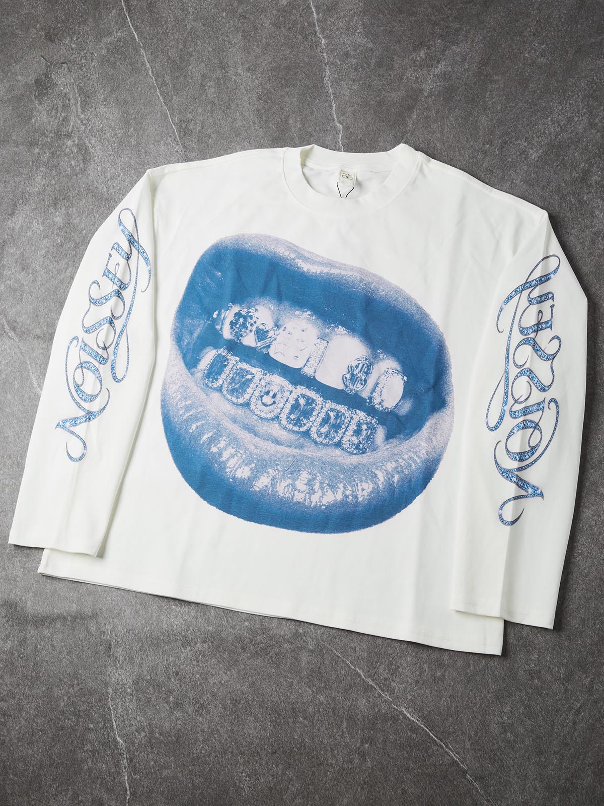 NOISSEY Blue Cyan Grillz Lips Graphic Long Sleeve Tee - White