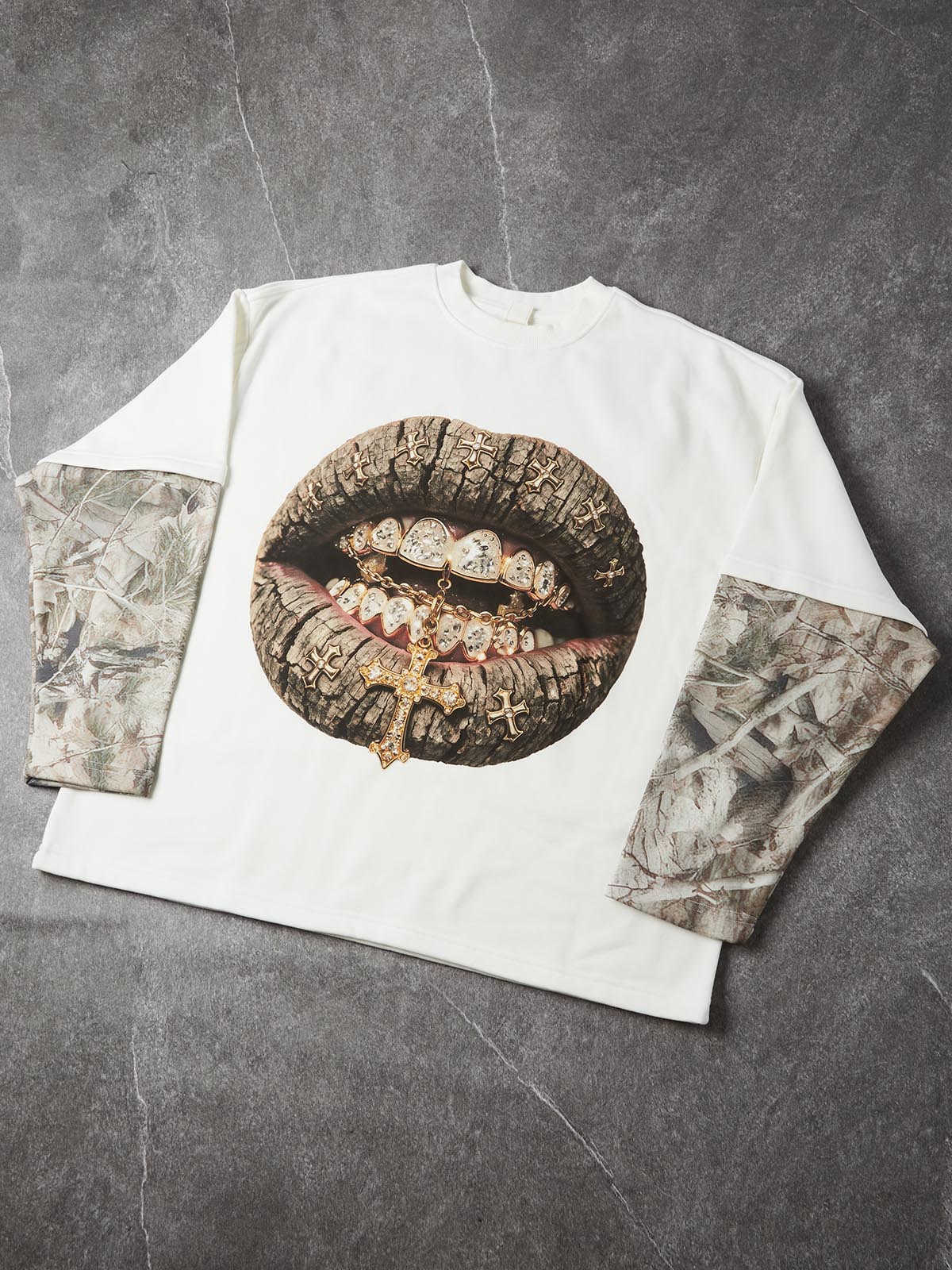 NOISSEY Wood Grain Lips Iced Out Crucifix Long Sleeve - Graphic Shirt