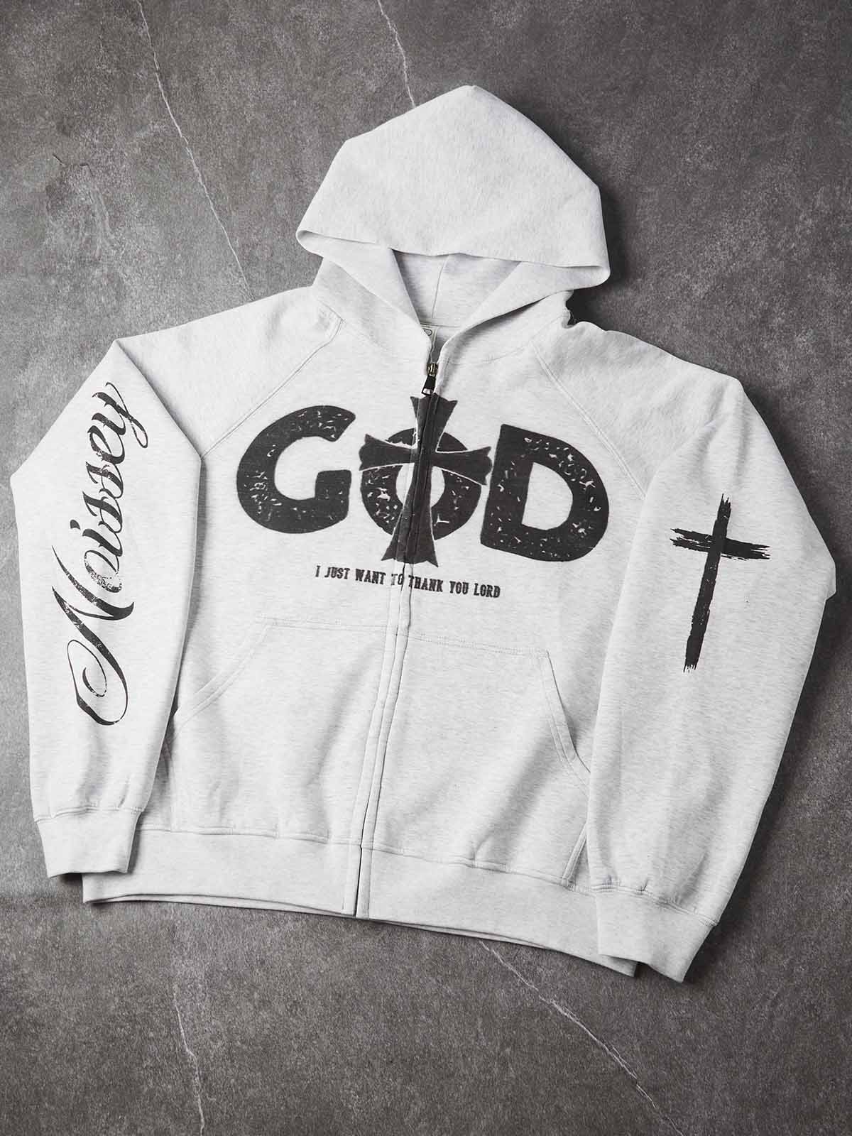 NOISSEY God Cross Religious Distressed Graphic Heavyweight Zip-Up Hoodie - Heather Gray Streetwear Sweatshirt