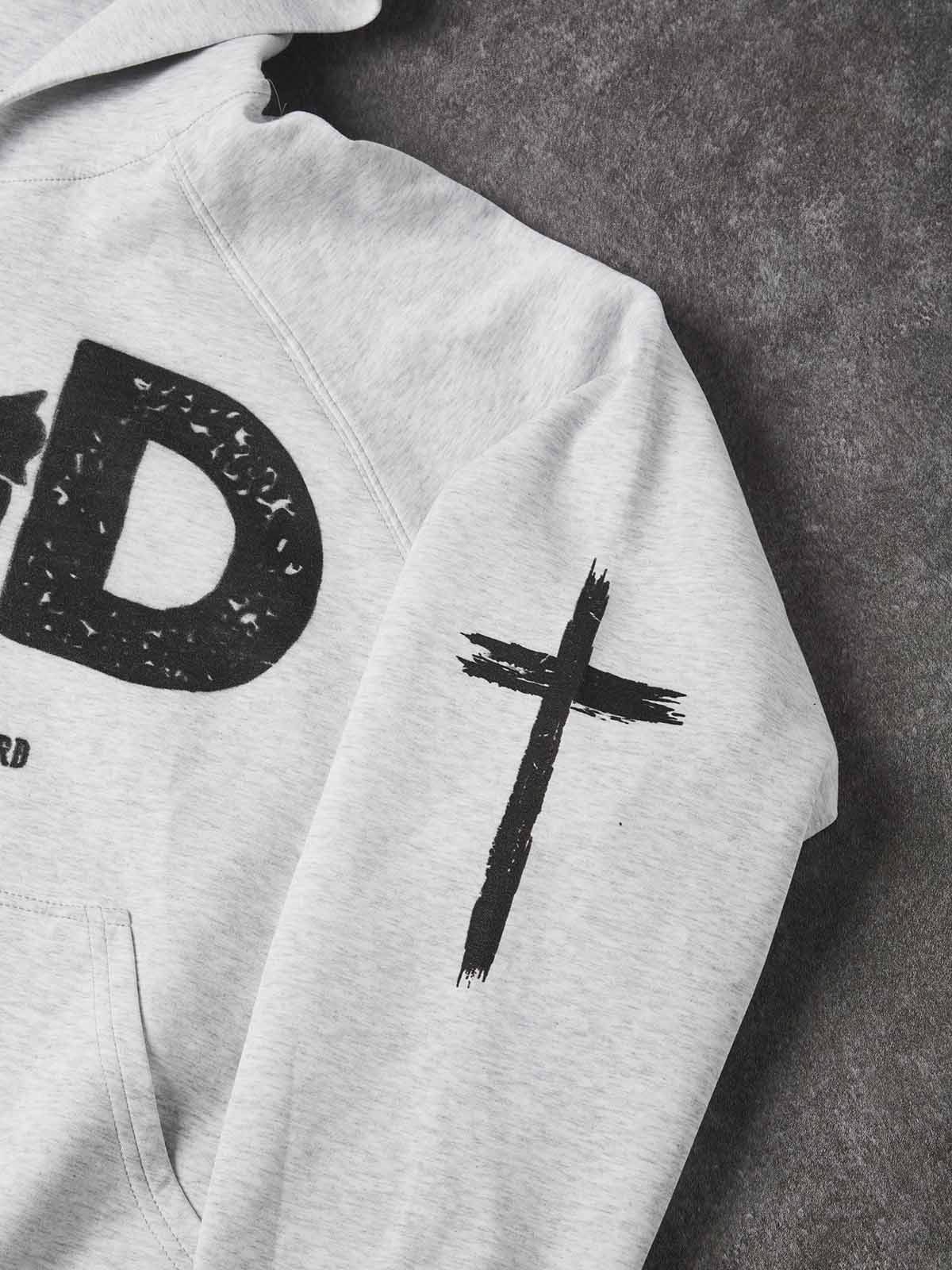 NOISSEY God Cross Religious Distressed Graphic Heavyweight Zip-Up Hoodie - Heather Gray Streetwear Sweatshirt
