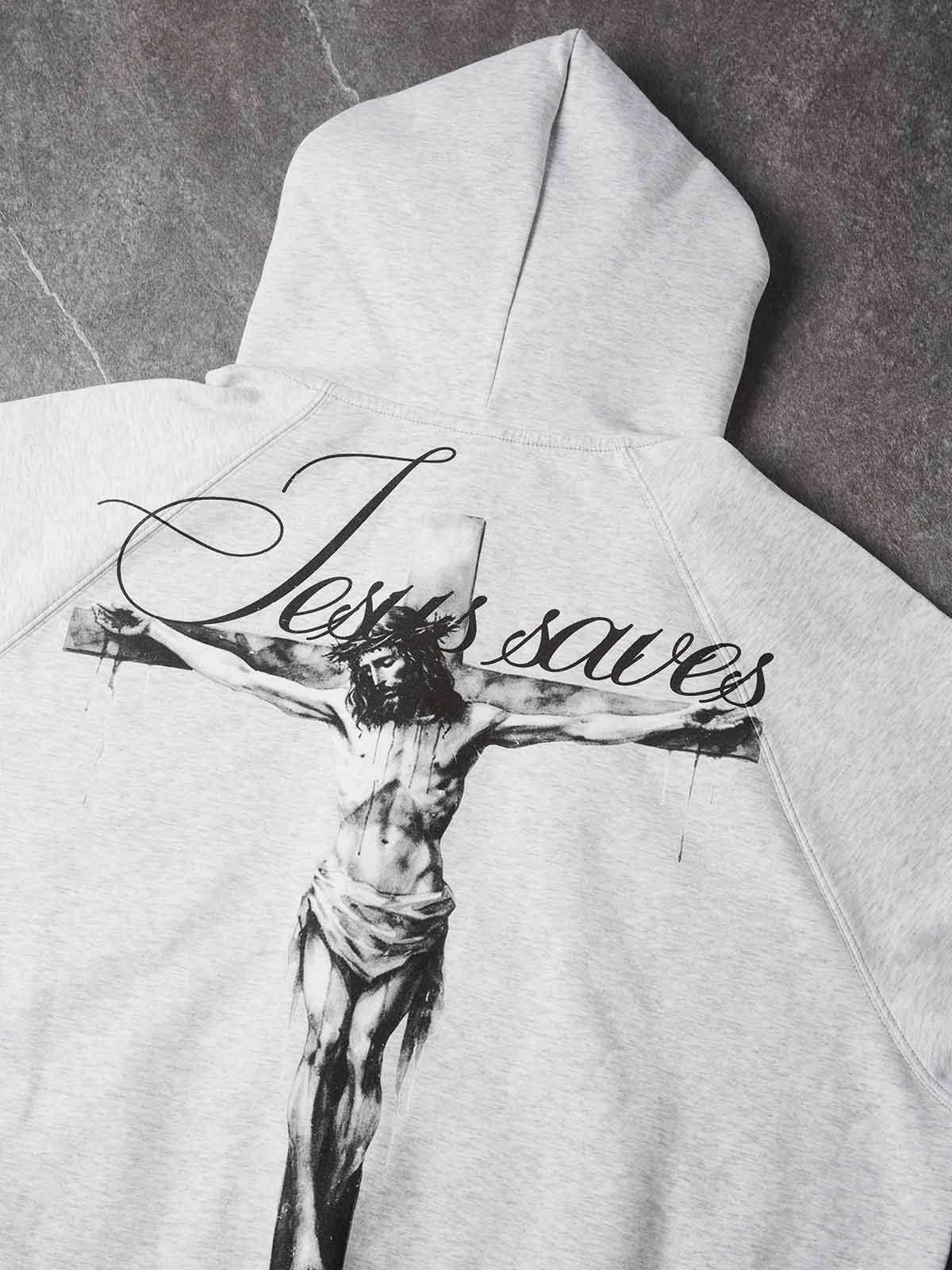 NOISSEY God Cross Religious Distressed Graphic Heavyweight Zip-Up Hoodie - Heather Gray Streetwear Sweatshirt