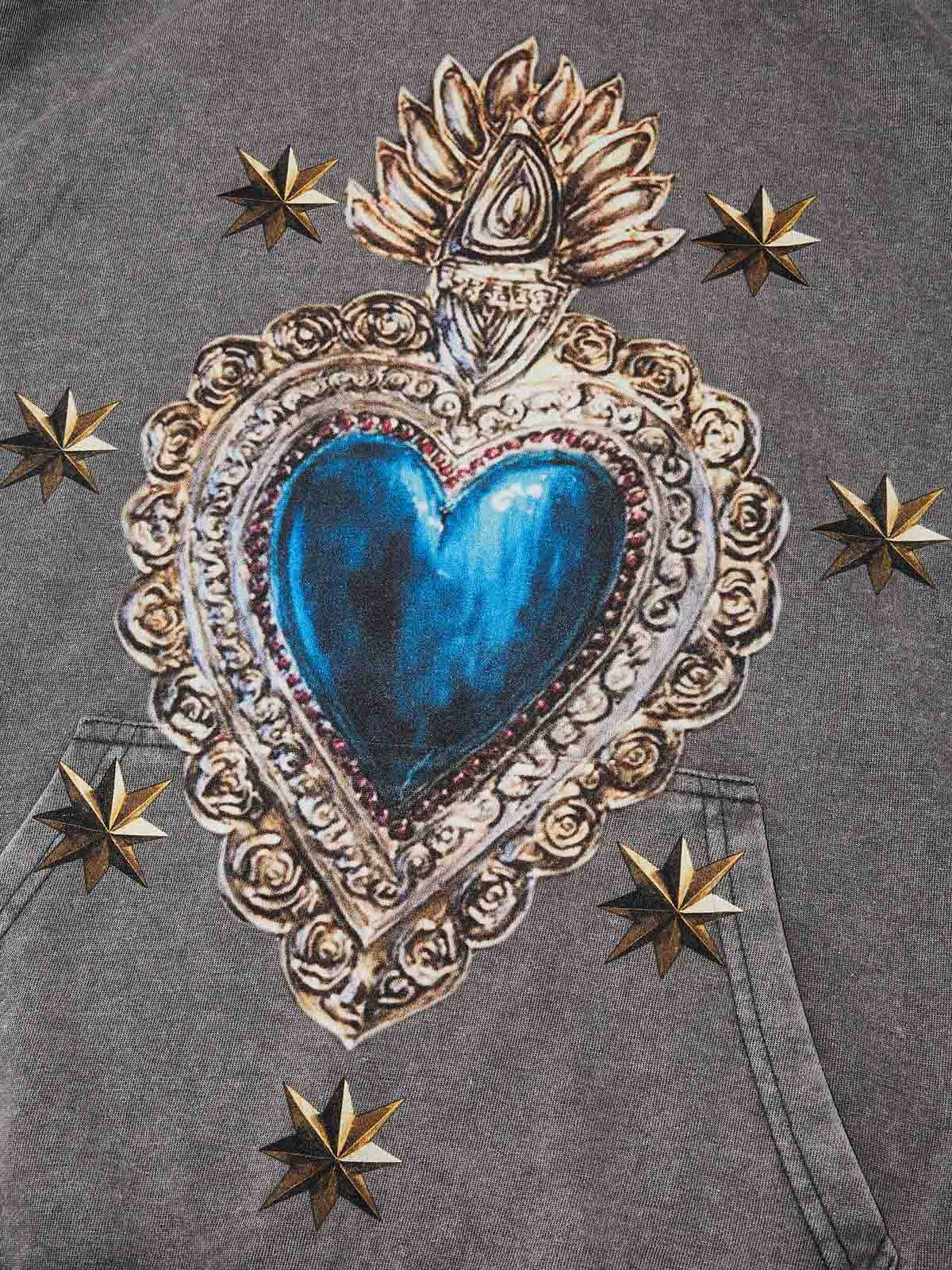 Blue Sacred Tin Heart Print 350g Washed Hoodie