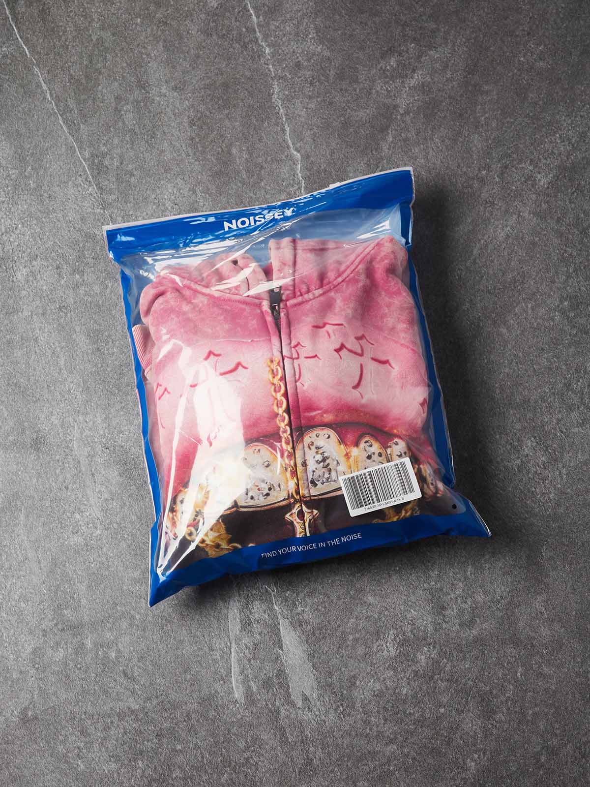 NOISSEY Pink Crucifix Lips Washed Iced Out Zip-Up Hoodie - Pink Hoodie