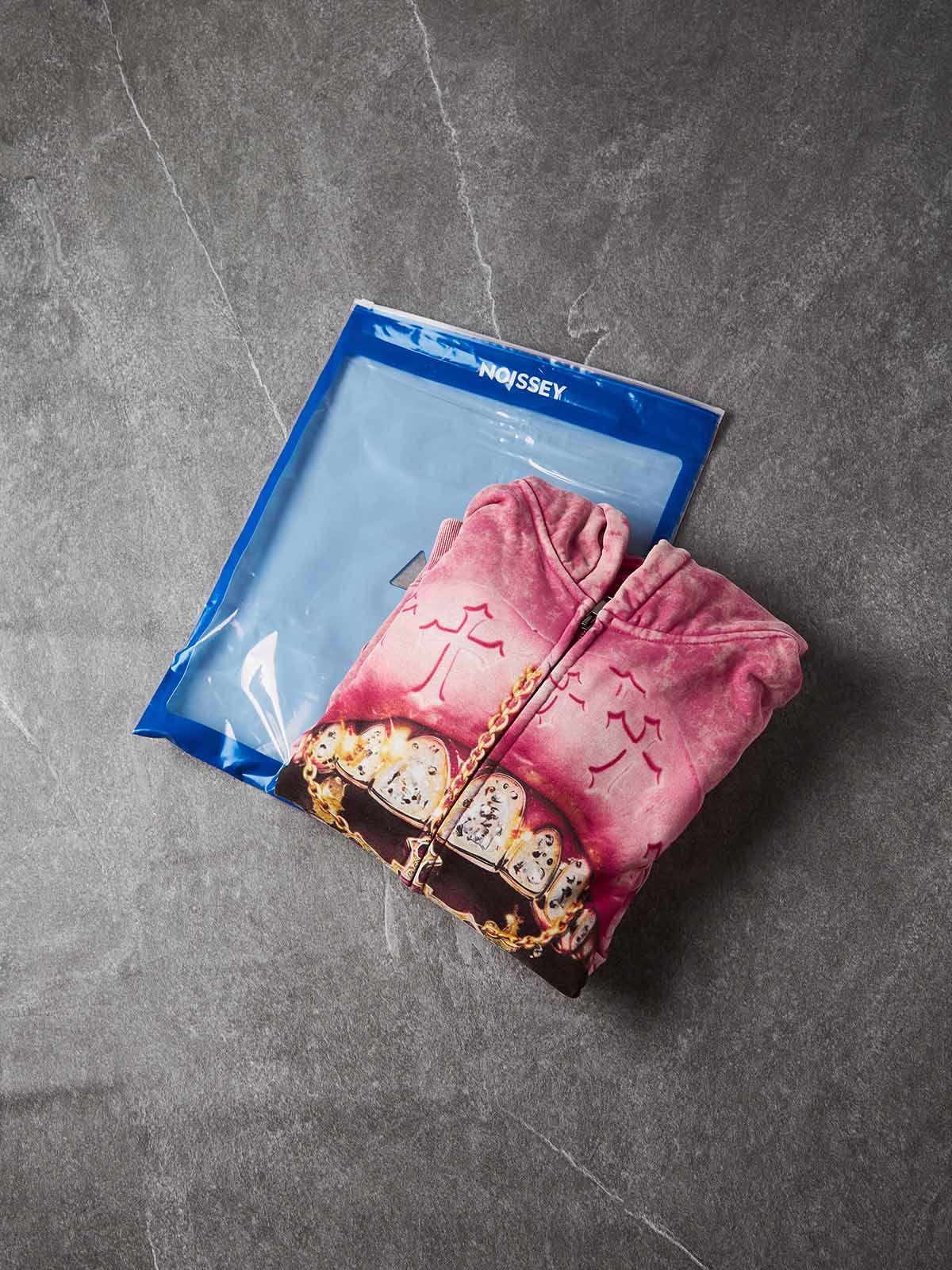 NOISSEY Pink Crucifix Lips Washed Iced Out Zip-Up Hoodie - Pink Hoodie