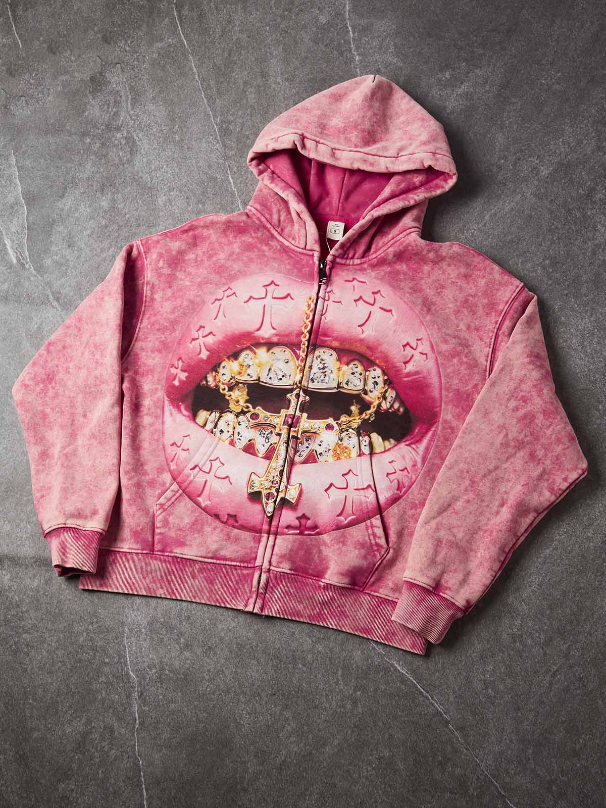 NOISSEY Pink Crucifix Lips Washed Iced Out Zip-Up Hoodie - Pink Hoodie