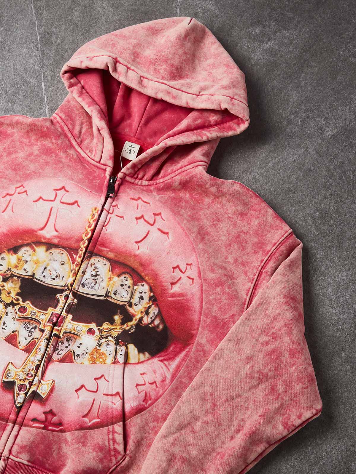 NOISSEY Pink Crucifix Lips Washed Iced Out Zip-Up Hoodie - Pink Hoodie