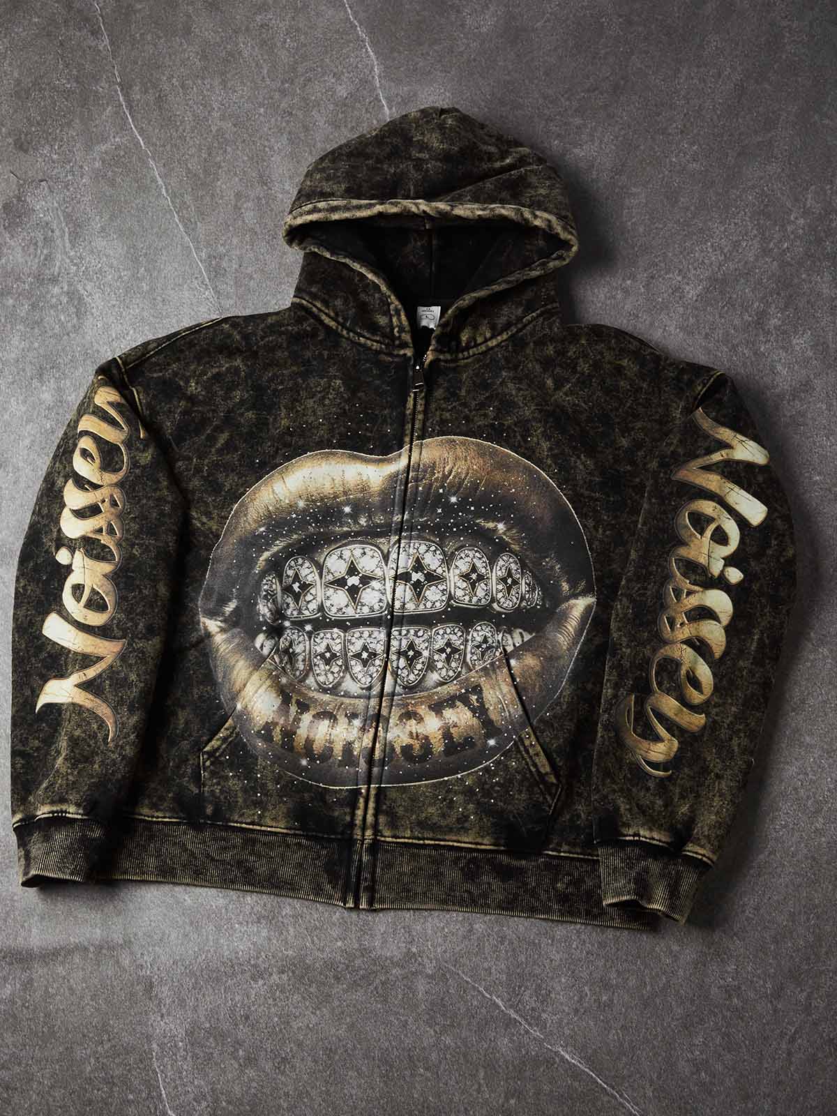NOISSEY Golden Lips Washed Iced Out Zip-Up Hoodie - Streetwear Hoodie