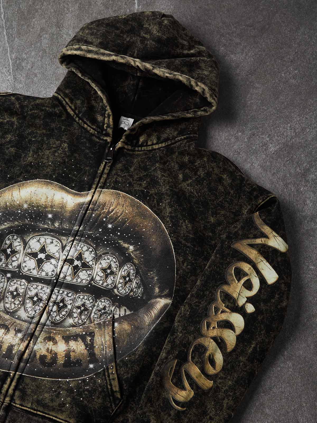 NOISSEY Golden Lips Washed Iced Out Zip-Up Hoodie - Streetwear Hoodie