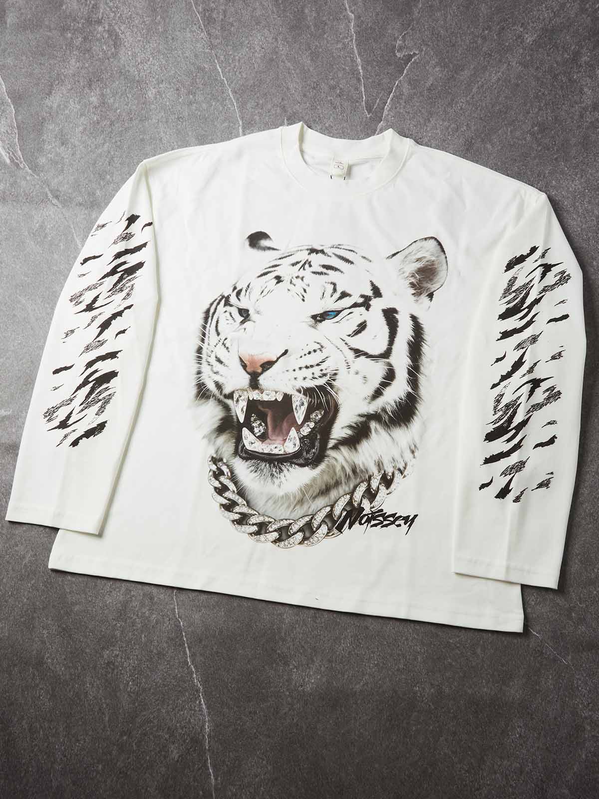 NOISSEY Iced-Out White Tiger Graphic Long Sleeves - White