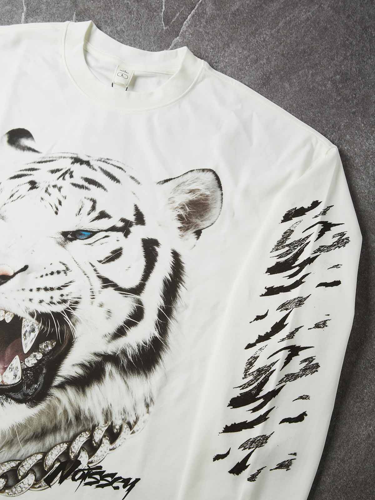 NOISSEY Iced-Out White Tiger Graphic Long Sleeves - White