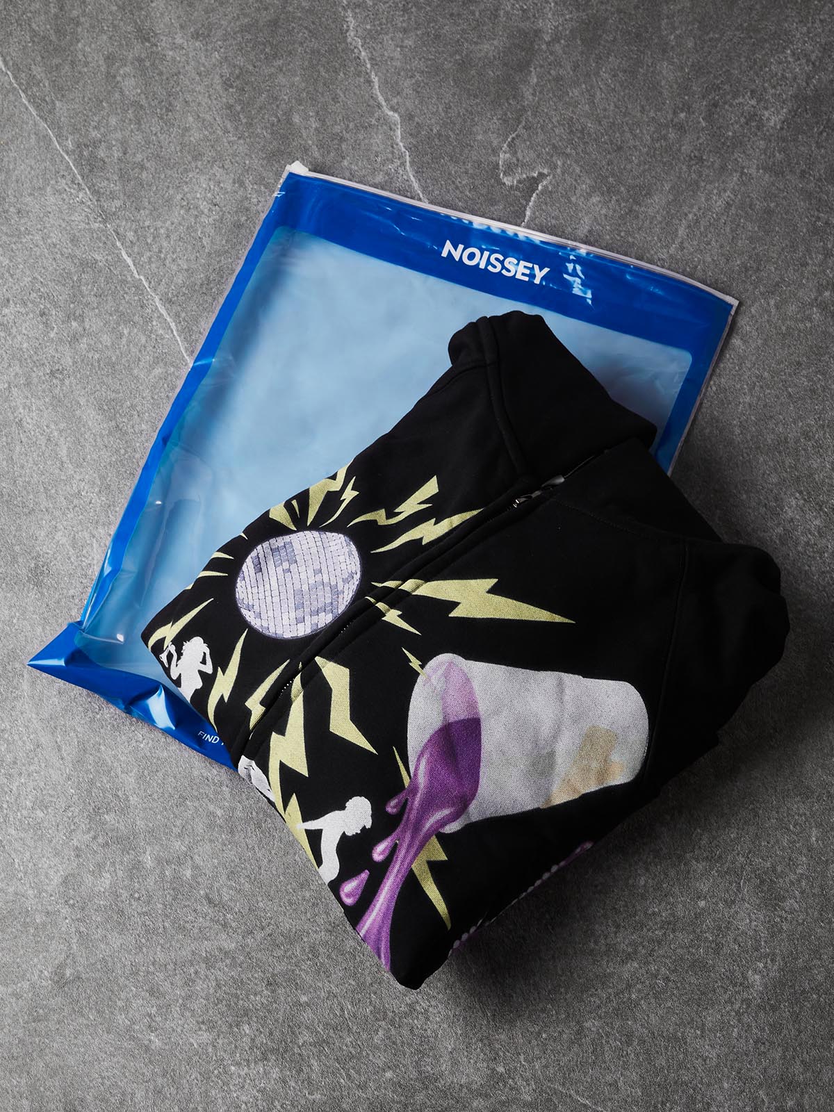 NOISSEY "Dancing Queen" Disco Ball Purple Liquid Lettering Black Zip-Up Hoodie