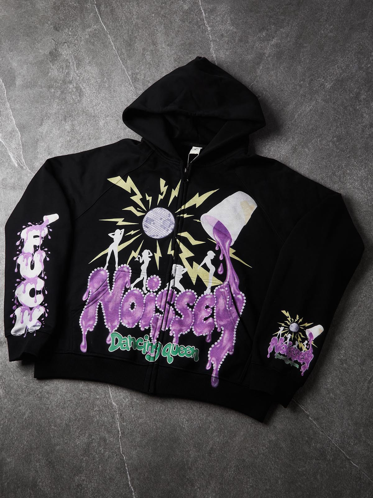 NOISSEY "Dancing Queen" Disco Ball Purple Liquid Lettering Black Zip-Up Hoodie
