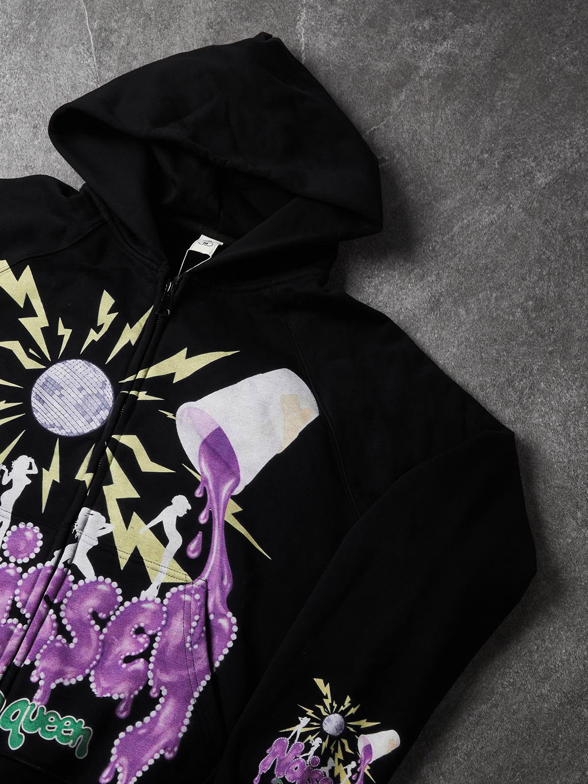 NOISSEY "Dancing Queen" Disco Ball Purple Liquid Lettering Black Zip-Up Hoodie