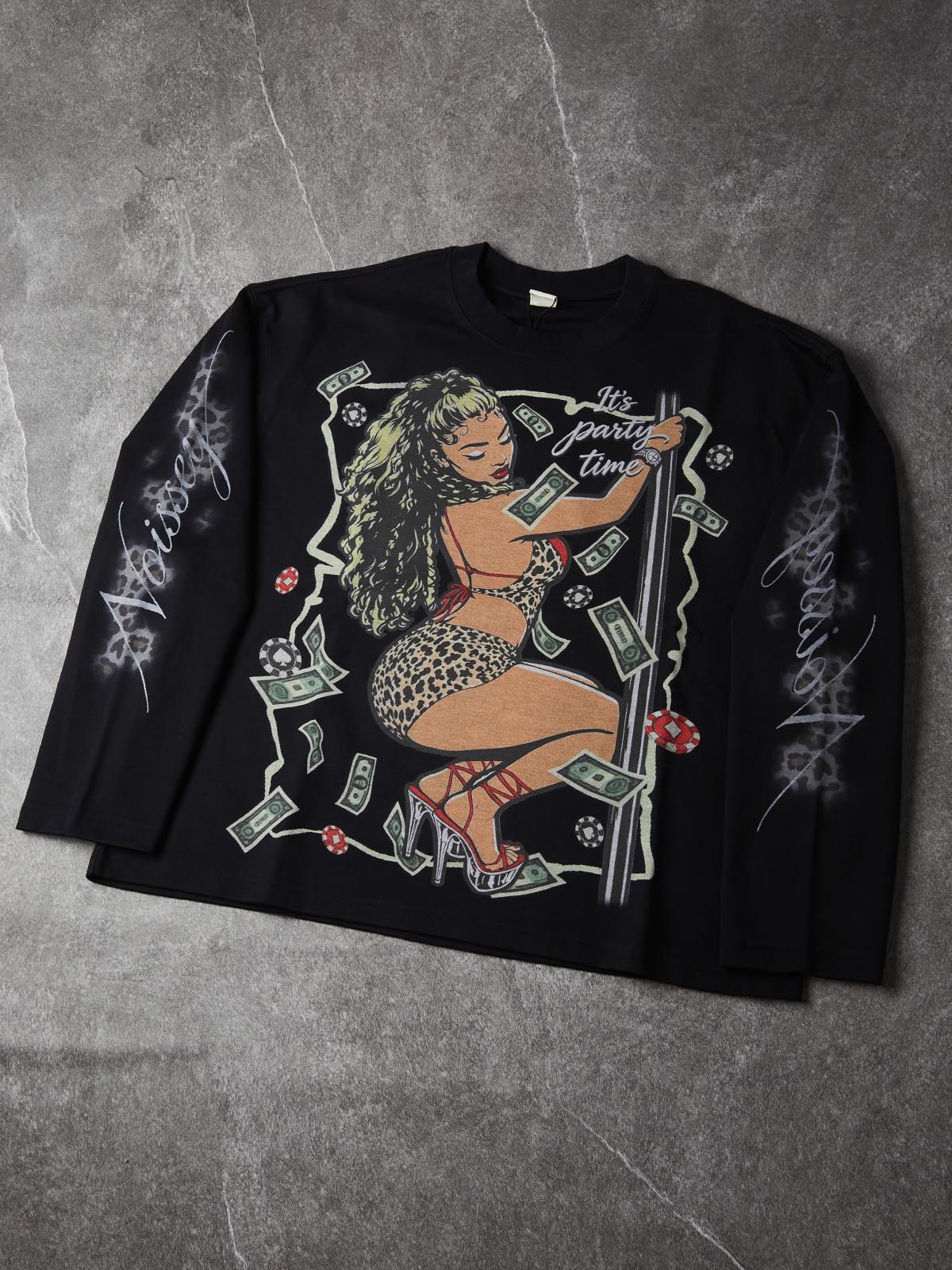 NOISSEY Leopard Pole Dancer Money Chips Graphic Long Sleeves - Black