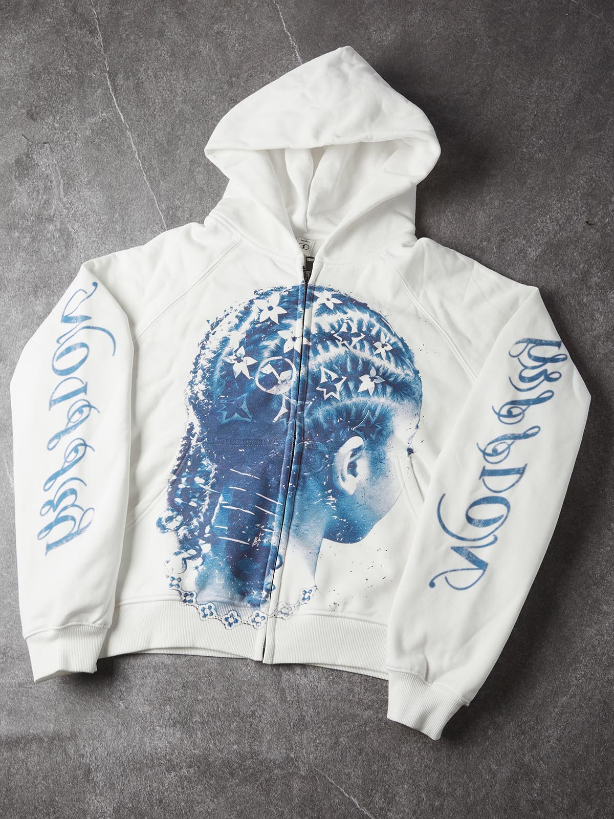 NOISSEY "Blue Braid" Iconic Floral Hair Art Zip-Up Hoodie - White