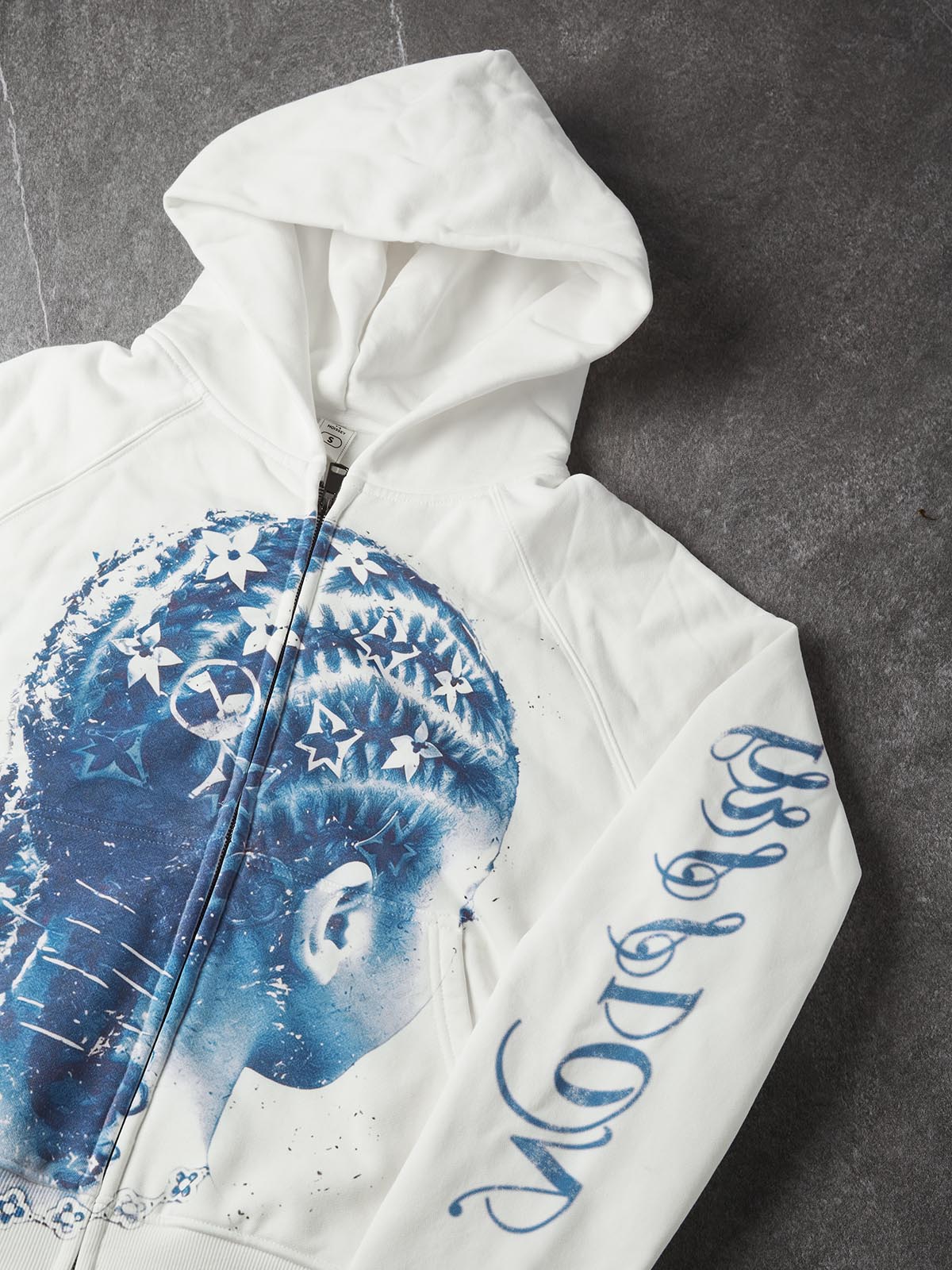 NOISSEY "Blue Braid" Iconic Floral Hair Art Zip-Up Hoodie - White