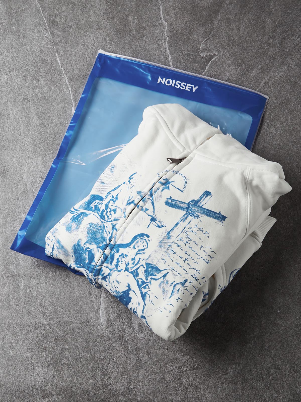 NOISSEY "Divine Grace" Blue Baroque Religious Cross Zip-Up Hoodie - White