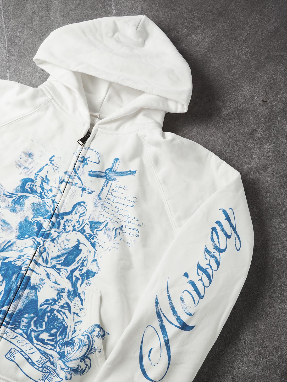 NOISSEY "Divine Grace" Blue Baroque Religious Cross Zip-Up Hoodie - White